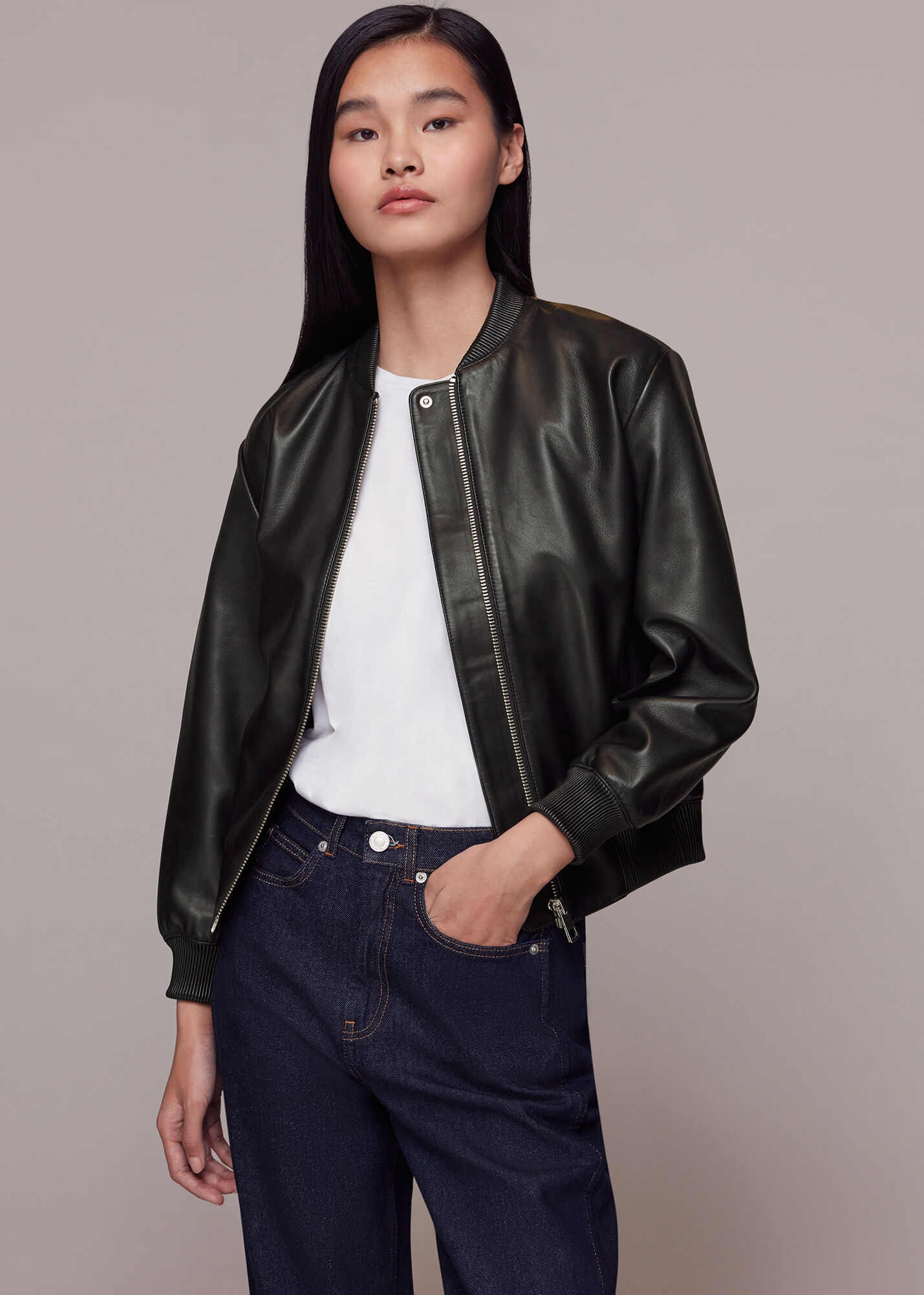 Black Laura Leather Bomber Jacket WHISTLES